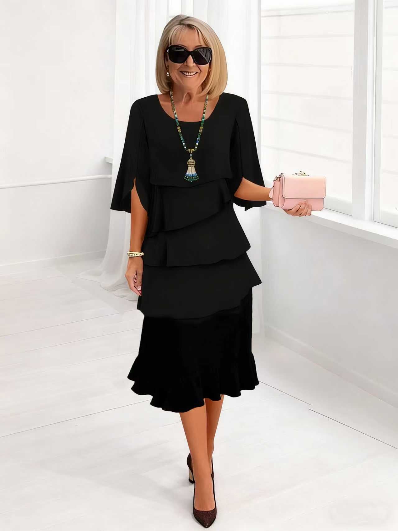 2025 New Amazon Foreign Trade Spring and Summer Fashion Cake Dress Women's Elegant Loose Slimming Round Neck Dress Women