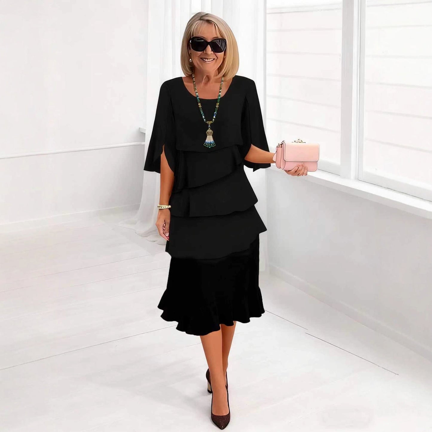 2025 New Amazon Foreign Trade Spring and Summer Fashion Cake Dress Women's Elegant Loose Slimming Round Neck Dress Women