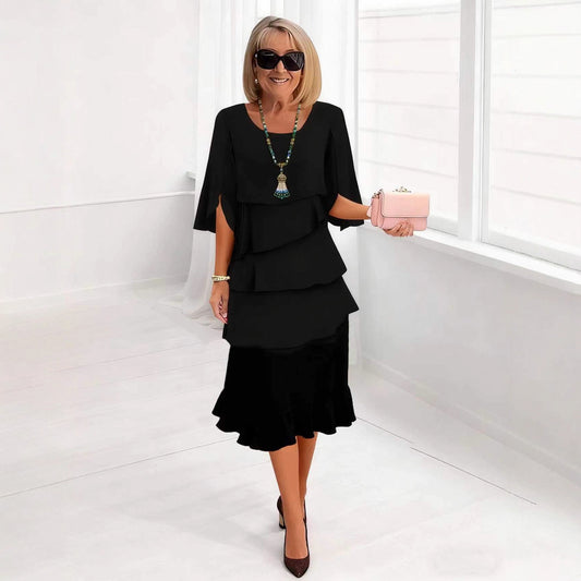 2025 New Amazon Foreign Trade Spring and Summer Fashion Cake Dress Women's Elegant Loose Slimming Round Neck Dress Women