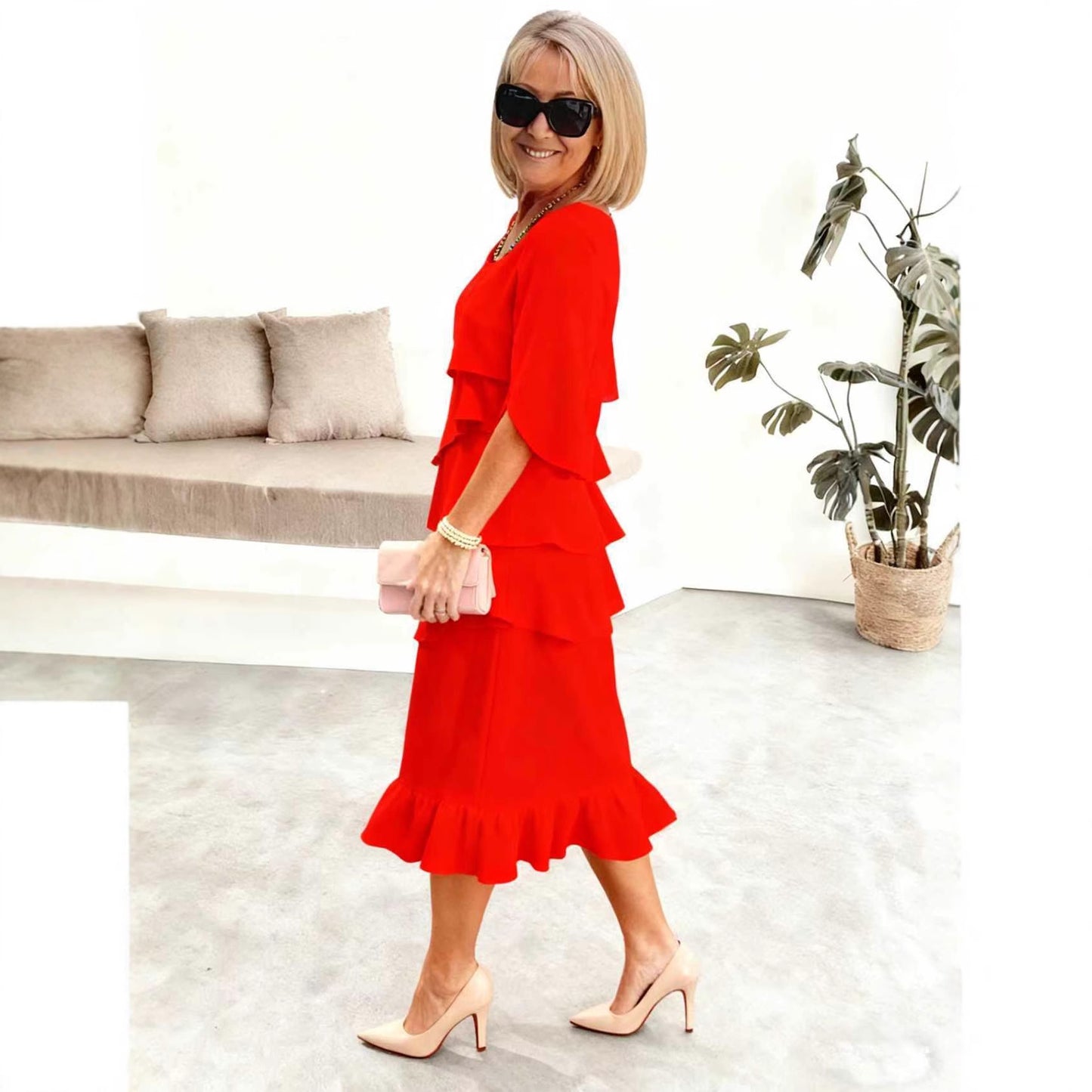 2025 New Amazon Foreign Trade Spring and Summer Fashion Cake Dress Women's Elegant Loose Slimming Round Neck Dress Women