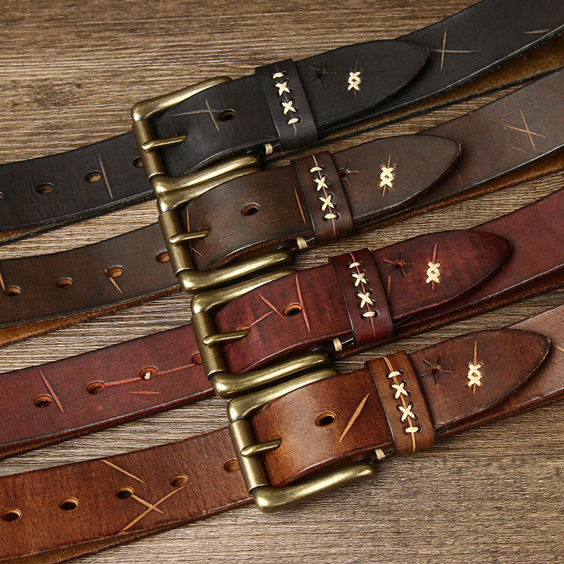 Washed Retro Old Trendyy Stylish Pull-Out First-Layer Cowhide Belt Men's Genuine Leather Pin Buckle Jeans Belt Men's Style